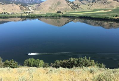 High angle view of motorboat in lake