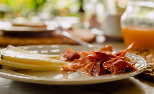 Close-up of food served in plate on table