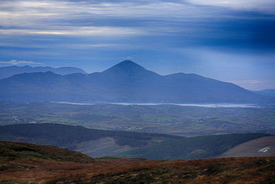 Scenic view of mountains against cloudy sky