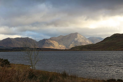 Scenic view of lake and mountains against sky