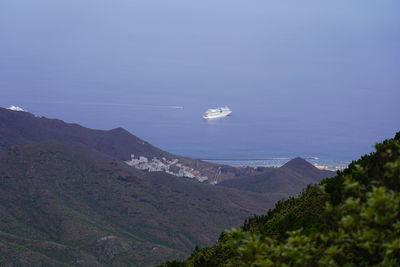 High angle view of bay against clear sky