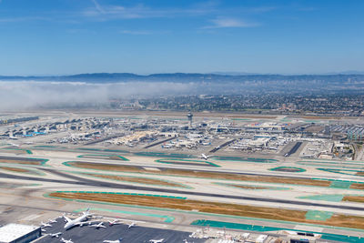 High angle view of airport runway against sky