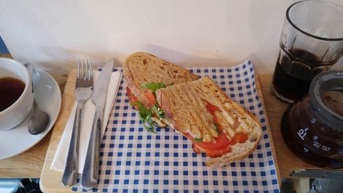 High angle view of breakfast on table