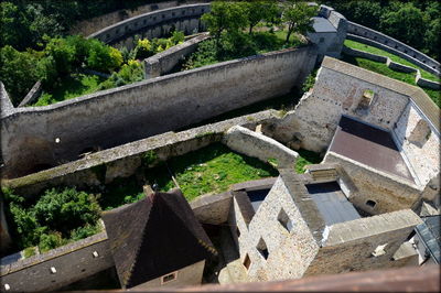 High angle view of old roof and building