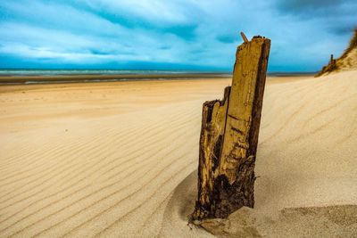 Wooden posts on sand at beach against sky