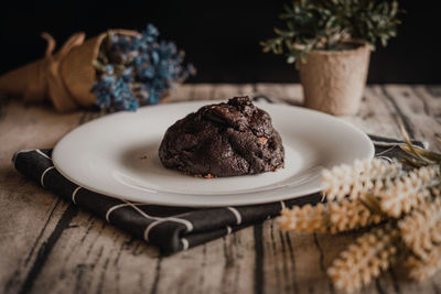 Close-up of double chocolate chip cookie dessert on table