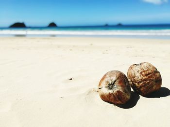 Close-up of sand on beach against sky