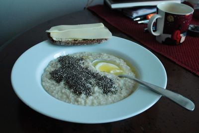 Close-up of breakfast served on table