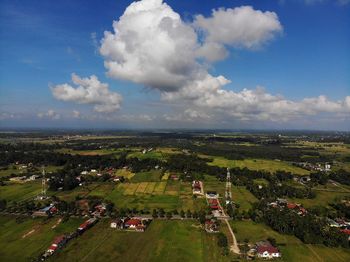 High angle view of field against sky