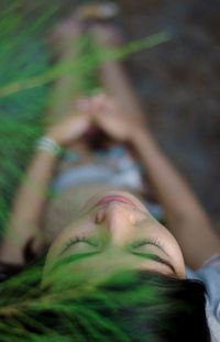 High angle view of woman by plants