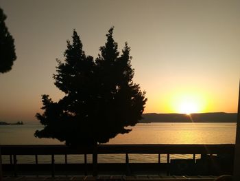 Silhouette tree by sea against sky during sunset