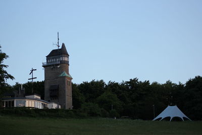 Low angle view of building against clear blue sky