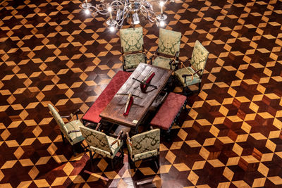 High angle view of illuminated christmas decorations on floor