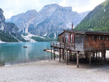 Scenic view of lake and mountains against sky in the beatiful south tyrol,braies lake