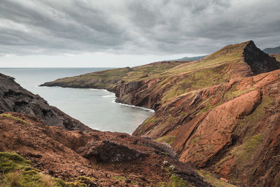 Scenic view of sea and mountains against sky