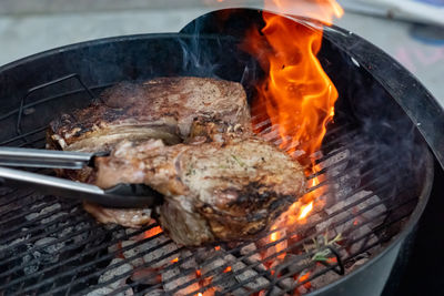 Close-up of meat on barbecue grill