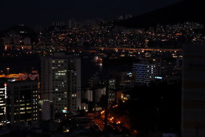 High angle view of illuminated buildings at night