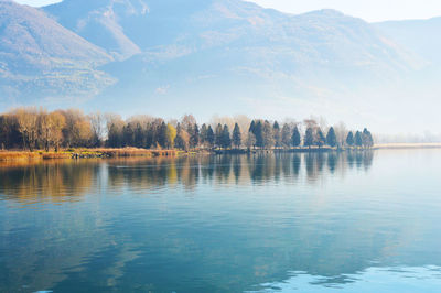Reflection of trees in lake against sky