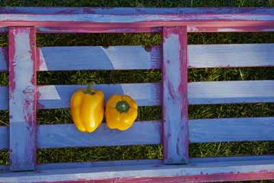 Directly above shot of yellow bell peppers on blue plank at park