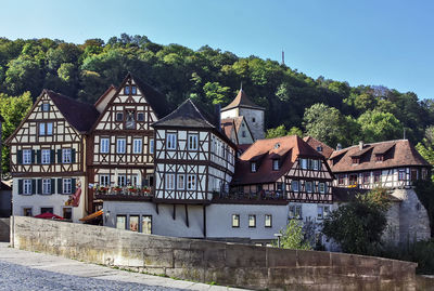 Houses by trees and buildings against sky