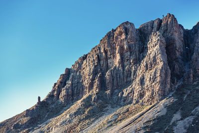 Low angle view of rocky mountains against clear blue sky