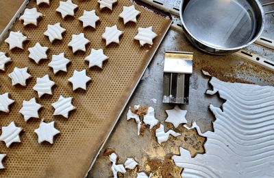 High angle view of christmas cookies on table