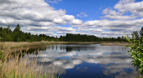 Scenic view of lake against cloudy sky