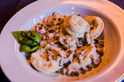 High angle view of breakfast served in plate