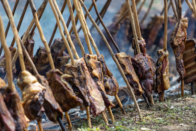 Close-up of meat on barbecue grill