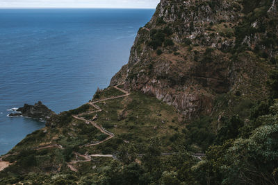 High angle view of rocks by sea against sky