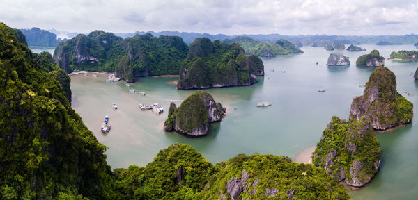 High angle view of bay against sky