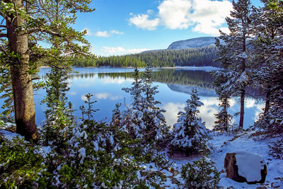 Scenic view of lake against sky during winter