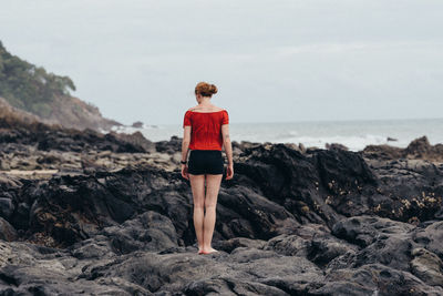 Rear view of man standing on rock at beach against sky