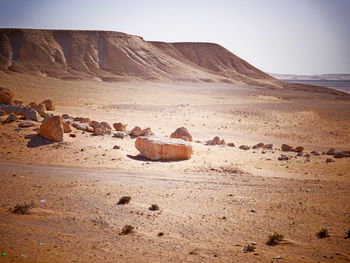 Rocks on sand dune in desert against sky