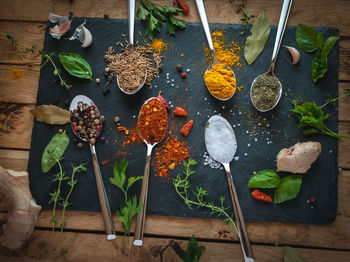 Spices and herbs in spoons on dark background