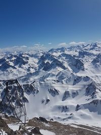 Scenic view of snowcapped mountains against clear blue sky