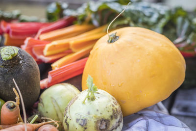 Close-up of pumpkins for sale in market