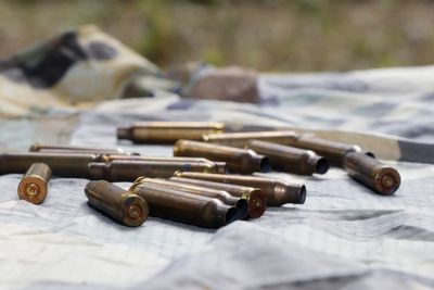 High angel view of ammunition on fabric