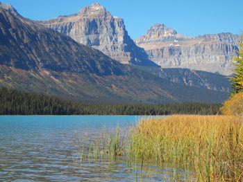 Scenic view of lake and mountains against sky