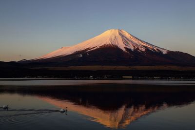 Scenic view of lake against clear sky during sunset