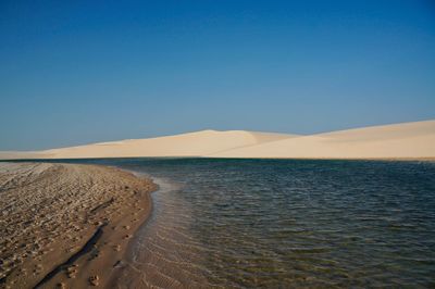 Scenic view of beach against clear blue sky