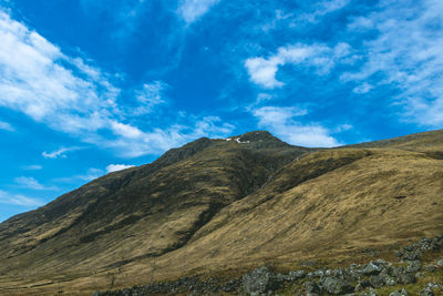 Scenic view of mountains against blue sky