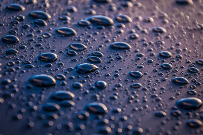 Full frame shot of raindrops on blue surface