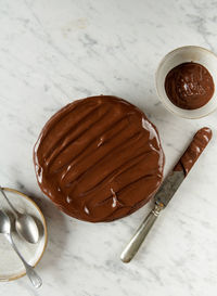 High angle view of chocolate cake on table