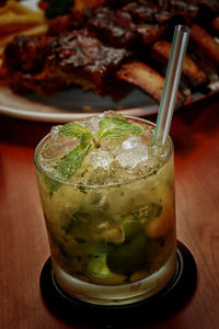 Close-up of beer in glass on table
