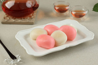 High angle view of dessert on table