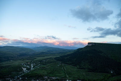 High angle view of landscape against sky during sunset