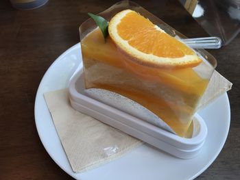 High angle view of breakfast in plate on table