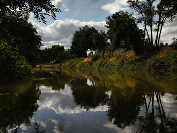 Scenic view of lake against cloudy sky