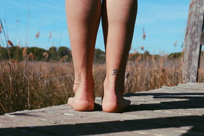 Low section of woman leg with tattoo on boardwalk